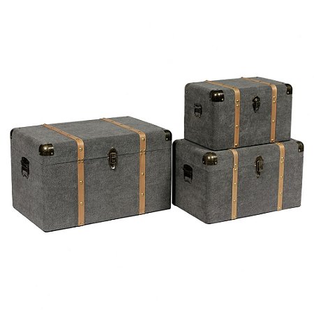 CJ DE BAUS DE MADEIRA E TECIDO CINZA|DETALHES DOURADO  3PCS