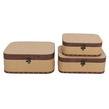 CONJ. DE MALETAS DE MADEIRA E TECIDO BEGE E MARROM  - 3PCS G