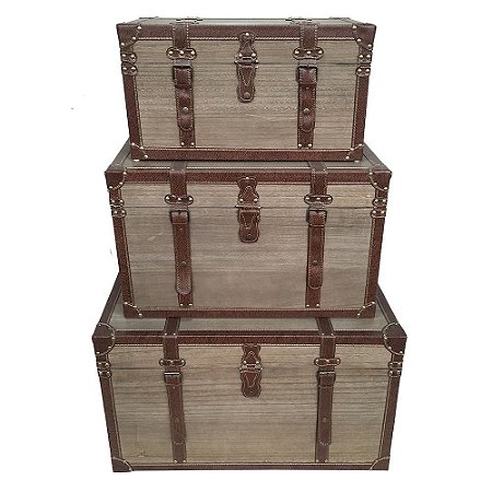 CONJ. DE BAÚS DE MADEIRA E TECIDO BEGE E MARROM  - 3PCS G:81