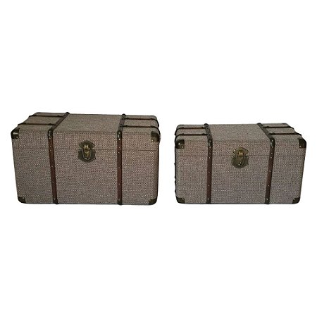 CONJ. DE BAUS EM MADEIRA E TECIDO CINZA E MARROM  2 PCS G