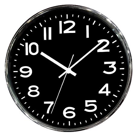 RELOGIO DE PAREDE DE PLASTICO CROMADO E PRETO 25CM X 4CM