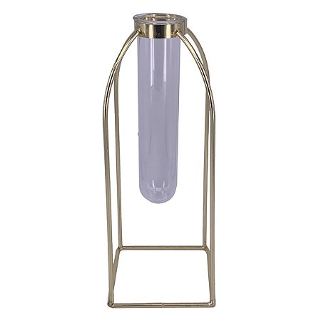 VASO TUBO DE VIDRO E METAL DOURADO