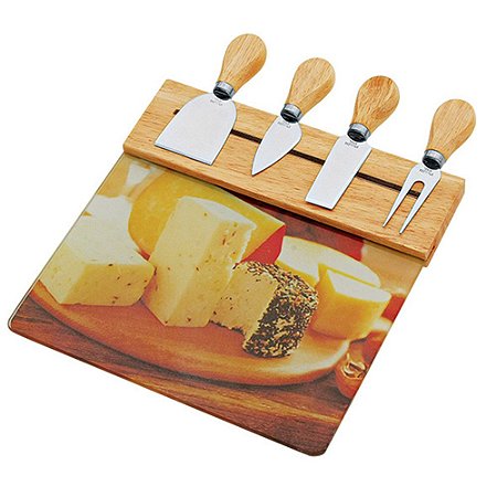 CJ DE FACAS PARA QUEIJO COM SUPORTE E TABUA DE VIDRO