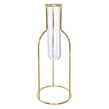 VASO TUBO DE VIDRO E METAL DOURADO