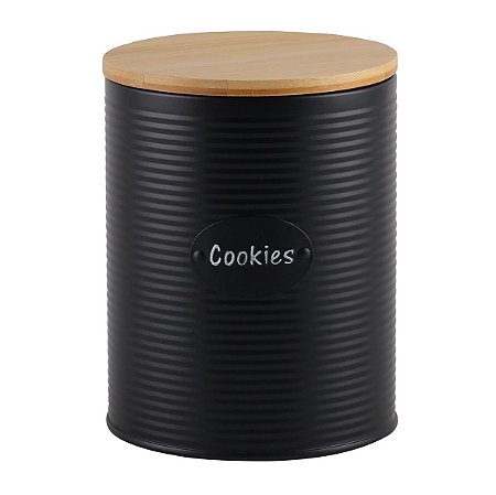 POTE DE FERRO PORTA COOKIES PRETO COM TAMPA DE MADEIRA