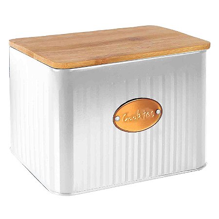 POTE PORTA BISCOITOS DE FERRO BRANCO COM TAMPA DE MADEIRA