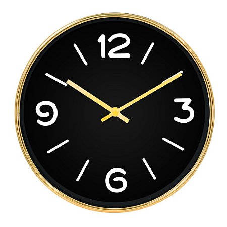 RELOGIO DE PAREDE DE PLASTICO DOURADO E PRETO 30CM X 4CM