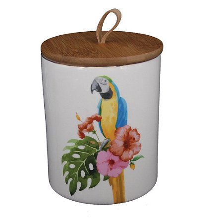 POTE DE CERAMICA COM TAMPA DE MADEIRA 13CM X 16,5CM