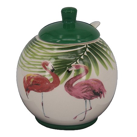 POTE DE CERAMICA COM TAMPA FLAMINGO 9,8CM X 9,8CM X 11,5CM