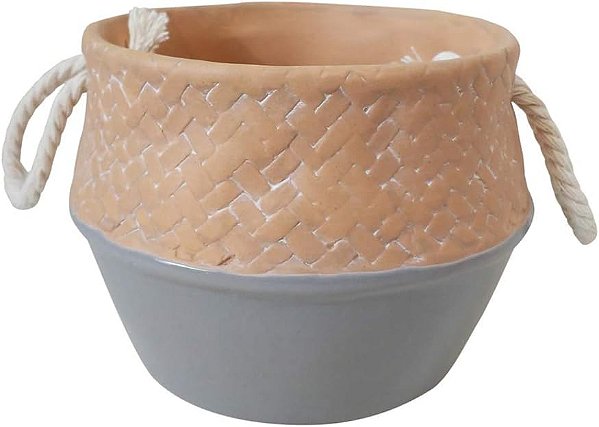 MINI VASO EM CERAMICA E CORDA BEGE E CINZA D14,5CM X 10,3CM