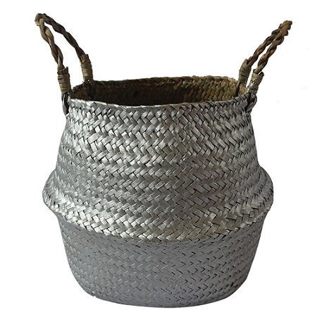 CESTO COM ALCAS EM RATTAN PRATEADO D27CM X 23CM