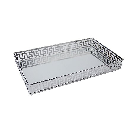 BANDEJA ESPELHADA DE METAL PRATA 30CM X 11CM X 5CM