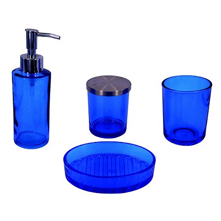 KIT BANHEIRO DE VIDRO AZUL 4 PCS GG 13 X 9 X 3CM G 7 X 7 X 9