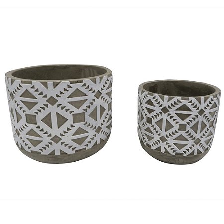 CONJ. DE CACHEPOTS EM CIMENTO COM DESENHOS EM BRANCO 2 PCS G