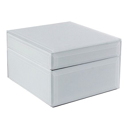 CAIXA EM VIDRO E MADEIRA BRANCA 14CM X 14CM X 8CM