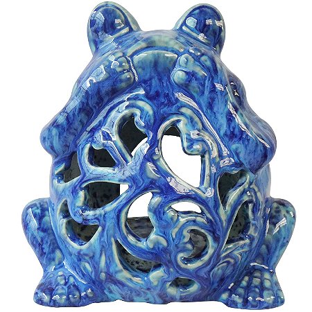 LANTERNA DE SAPO EM CERAMICA AZUL - 16X12X15 CM