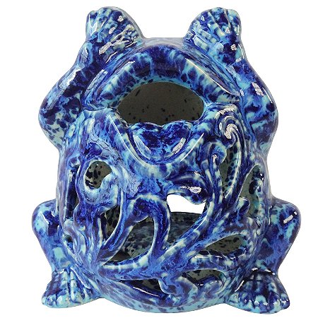 LANTERNA DE SAPO EM CERAMICA AZUL - 16X12X15 CM