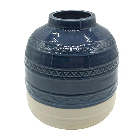 VASO EM CERAMICA AZUL E AREIA 13,7CM X 13,7CM X 15CM