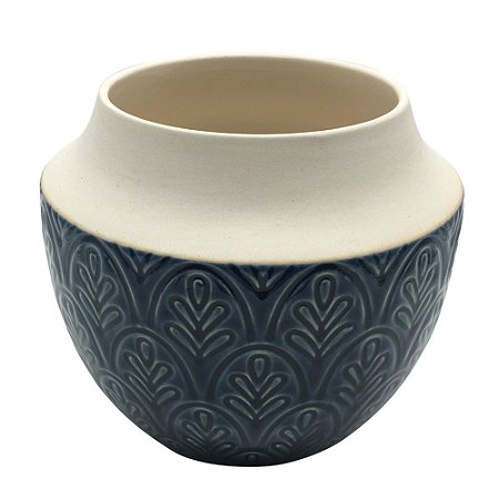 VASO EM CERAMICA AZUL E AREIA 14CM X 14CM X 12CM