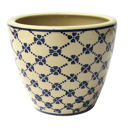 CACHEPOT DE CERAMICA BEGE E AZUL 14,5CM X 17CM