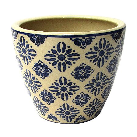 CACHEPOT DE CERAMICA BEGE E AZUL 14,5CM X 17CM