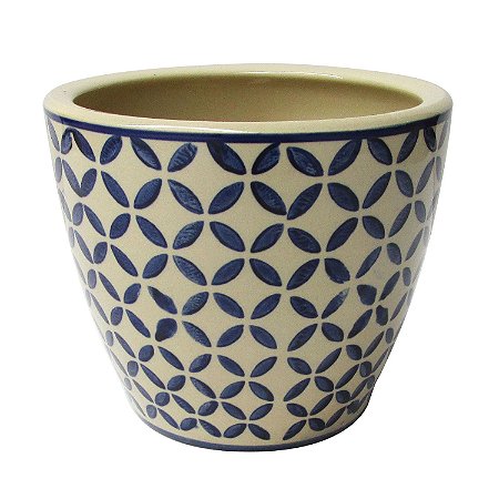 CACHEPOT DE CERAMICA BEGE E AZUL 14,5CM X 17CM