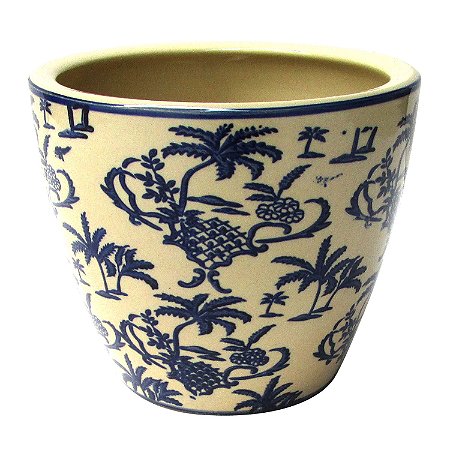 CACHEPOT DE CERAMICA BEGE E AZUL 14,5CM X 17CM
