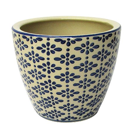 CACHEPOT DE CERAMICA BEGE E AZUL 14,5CM X 17CM