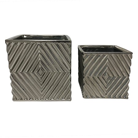 CONJ. DE CACHEPOTS EM CERAMICA PRATEADO  2 PCS G  12,5CM X 1