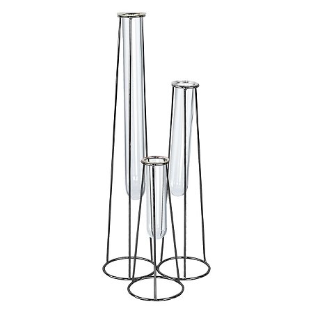 VASO TRES TUBOS DE VIDRO E METAL PRETO