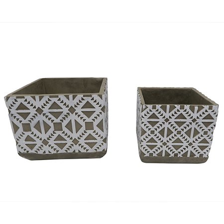 CONJ. DE CACHEPOTS EM CIMENTO COM DESENHOS EM BRANCO 2 PCS G