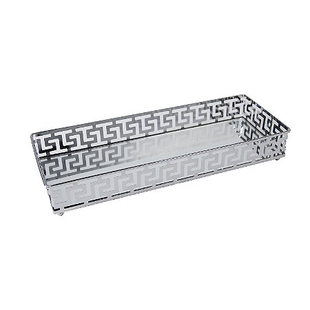 BANDEJA ESPELHADA DE METAL PRATA 33CM X 20CM X 5CM