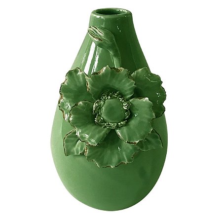 VASO DE CERAMICA VERDE COM FLORES APLICADAS 3D 14CM X 12,7CM