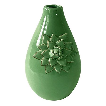 VASO DE CERAMICA VERDE COM FLORES APLICADAS 3D 13,4CM X 12,5