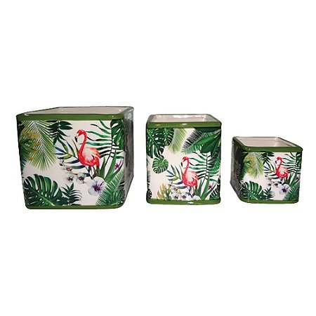 CJ DE CACHEPOTS DE CERAMICA FLAMINGO  3 PCS 13,3CM X 13,3CM