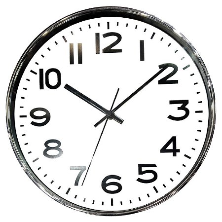 RELOGIO DE PAREDE DE PLASTICO CROMADO E BRANCO 35CM X 4CM
