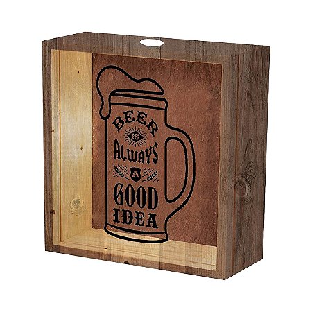 QUADRO DE MADEIRA E VIDRO PARA TAMPINHA DE CERVEJA  GOOD IDE