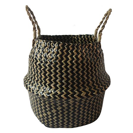 CESTO COM ALCAS EM RATTAN PRETO E BEGE D31CM X 27CM