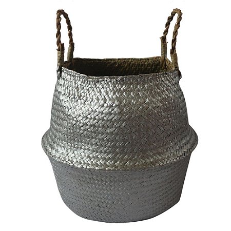CESTO COM ALCAS EM RATTAN PRATEADO D31CM X 27CM