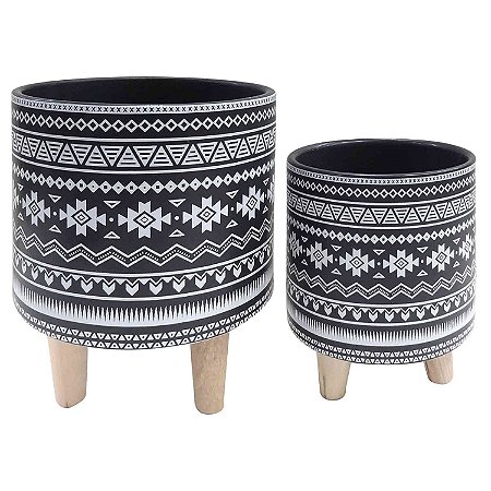 CJ. DE CACHEPOTS DE CERAMICA COM BASE DE MADEIRA - 2PS