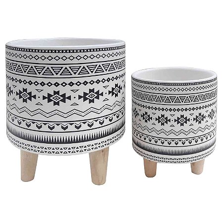 CJ. DE CACHEPOTS DE CERAMICA COM BASE DE MADEIRA - 2PS