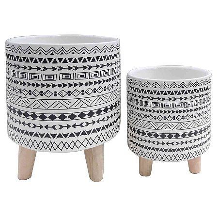 CJ. DE CACHEPOTS DE CERAMICA COM BASE DE MADEIRA - 2PS