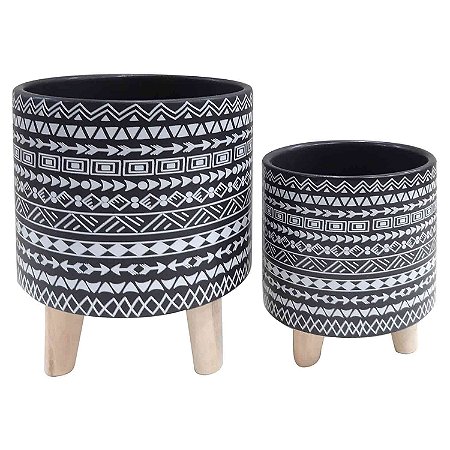 CJ. DE CACHEPOTS DE CERAMICA COM BASE DE MADEIRA - 2PS