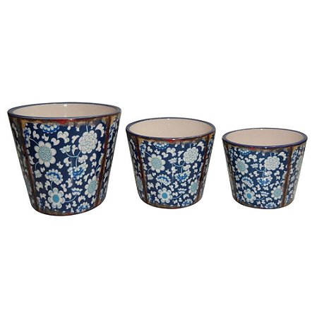 CJ. DE CACHEPOTS DE CERAMICA AZUL - 3 PCS