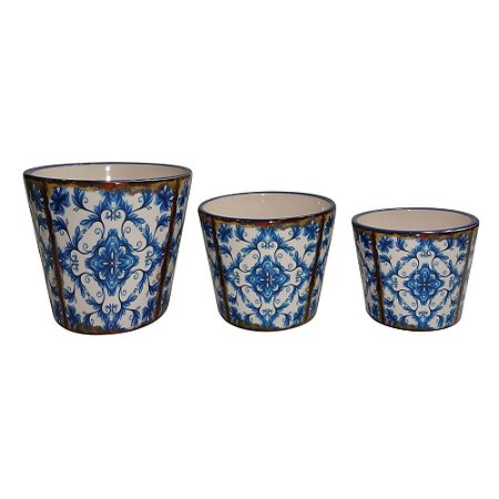 CJ. DE CACHEPOTS DE CERAMICA AZUL - 3 PCS