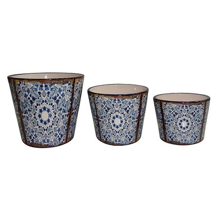 CJ. DE CACHEPOTS DE CERAMICA AZUL - 3 PCS