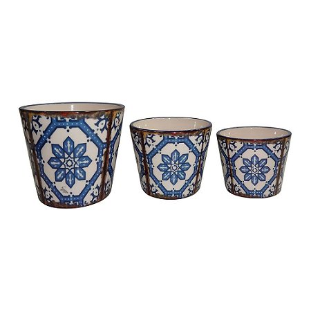 CJ. DE CACHEPOTS DE CERAMICA AZUL - 3 PCS