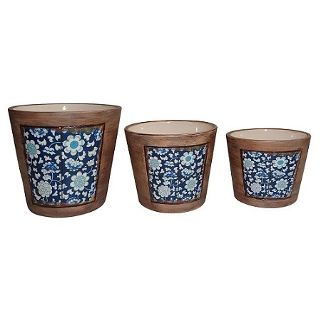 CJ. DE CACHEPOTS DE CERAMICA AZUL - 3 PCS