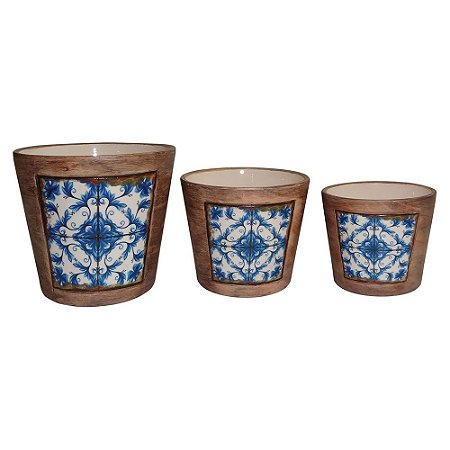 CJ. DE CACHEPOTS DE CERAMICA AZUL - 3 PCS