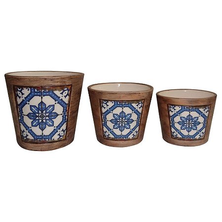 CJ. DE CACHEPOTS DE CERAMICA AZUL - 3 PCS